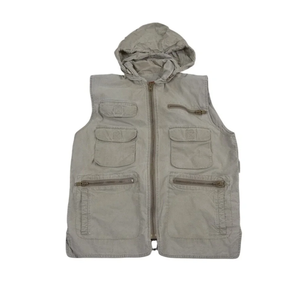 VTG Banana Republic Safari Vest Men Medium Khaki Cotton Utility Hooded Fishing‎